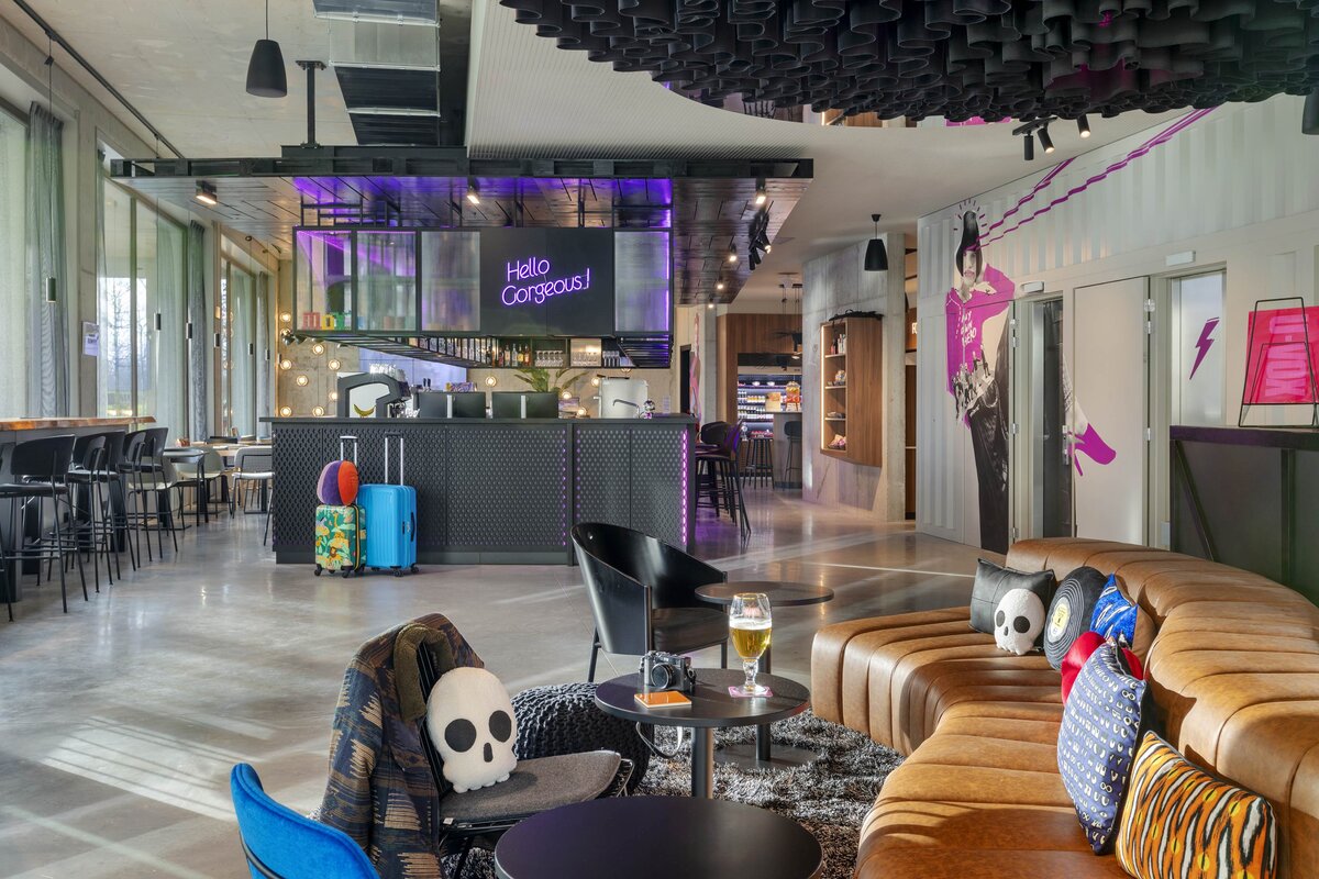 Moxy Antwerp, Belgium, lobby lounge and bar