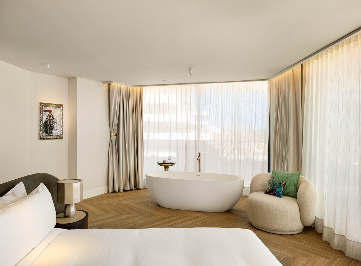 SLS Barcelona, Spain, Luxuriate bedroom with bathtub